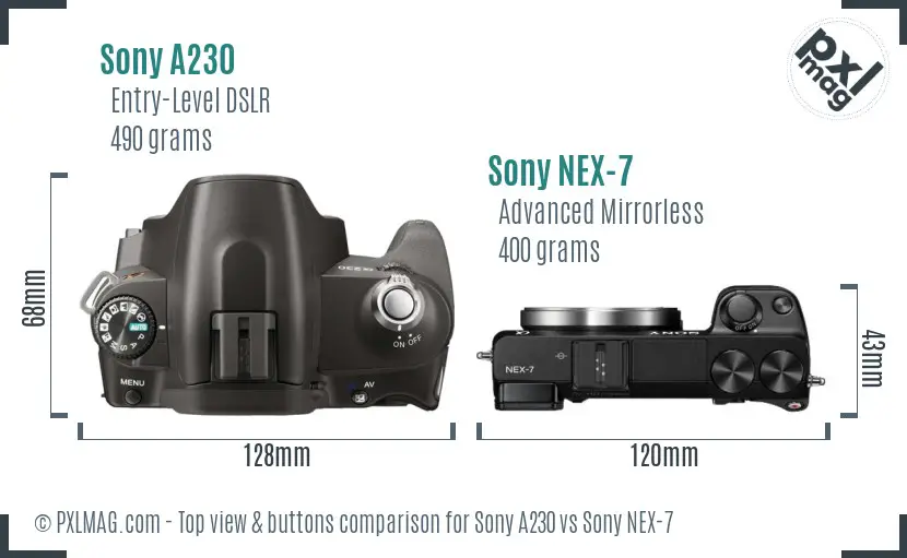 Sony A230 vs Sony NEX-7 top view buttons comparison