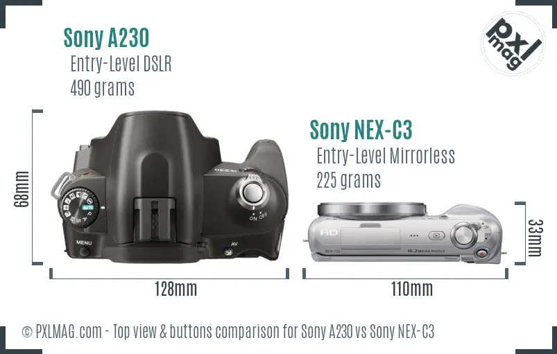 Sony A230 vs Sony NEX-C3 top view buttons comparison