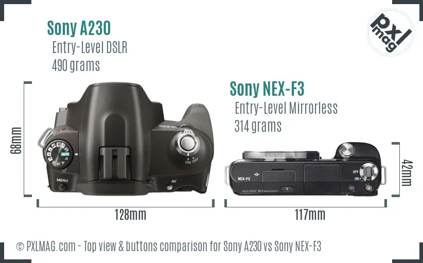 Sony A230 vs Sony NEX-F3 top view buttons comparison