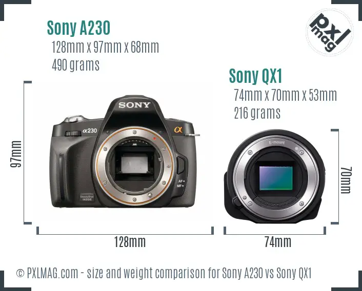 Sony A230 vs Sony QX1 size comparison