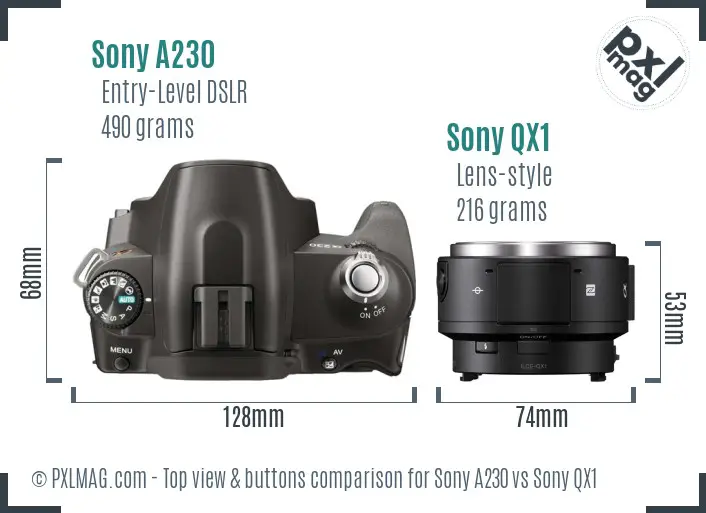 Sony A230 vs Sony QX1 top view buttons comparison
