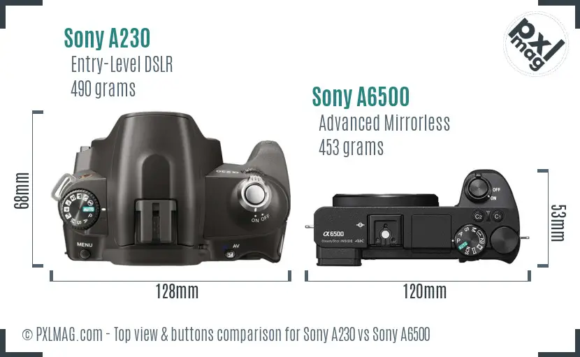 Sony A230 vs Sony A6500 top view buttons comparison