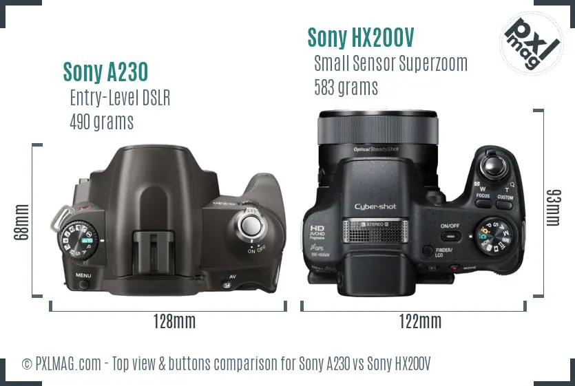 Sony A230 vs Sony HX200V top view buttons comparison