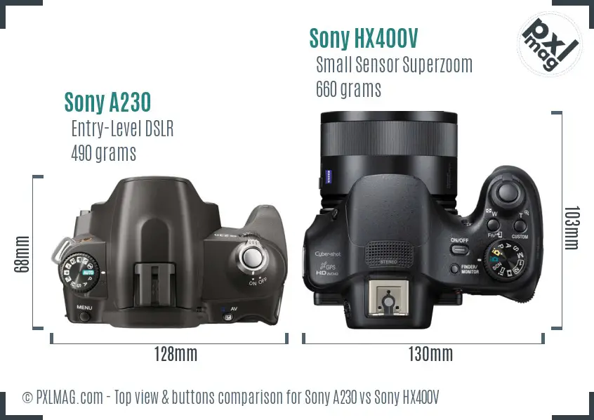 Sony A230 vs Sony HX400V top view buttons comparison