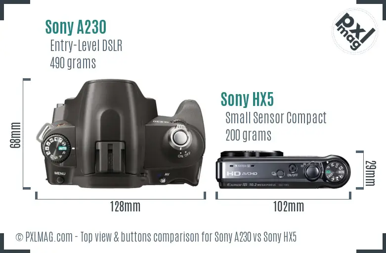 Sony A230 vs Sony HX5 top view buttons comparison