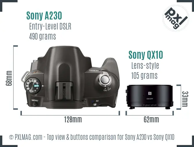 Sony A230 vs Sony QX10 top view buttons comparison