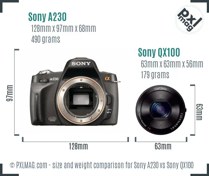 Sony A230 vs Sony QX100 size comparison