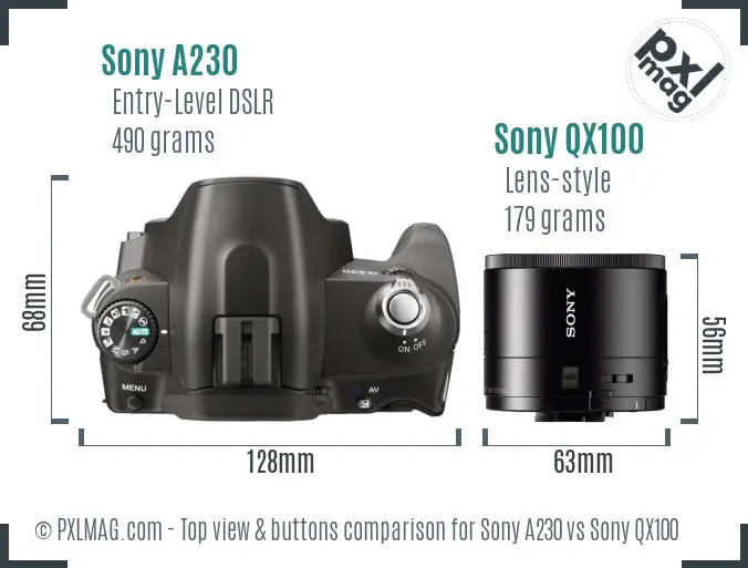 Sony A230 vs Sony QX100 top view buttons comparison