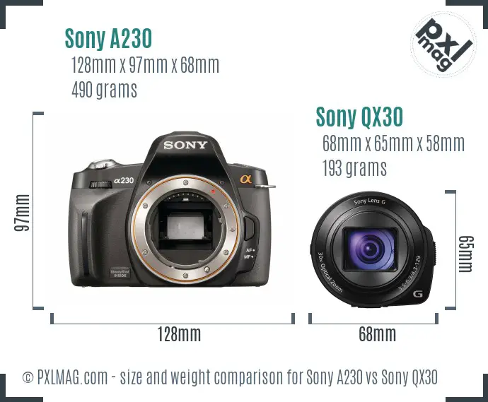 Sony A230 vs Sony QX30 size comparison