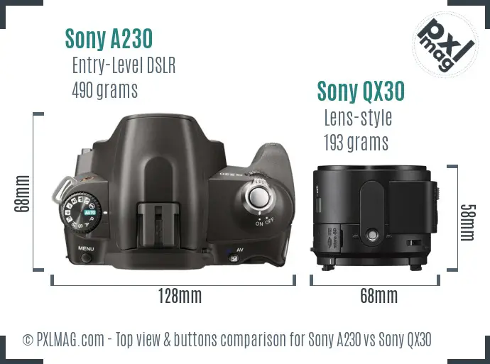 Sony A230 vs Sony QX30 top view buttons comparison