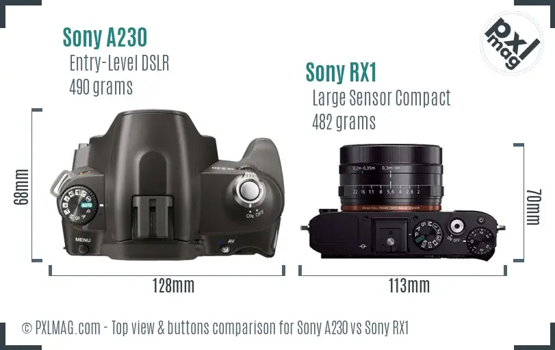 Sony A230 vs Sony RX1 top view buttons comparison