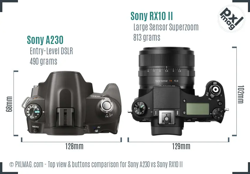 Sony A230 vs Sony RX10 II top view buttons comparison