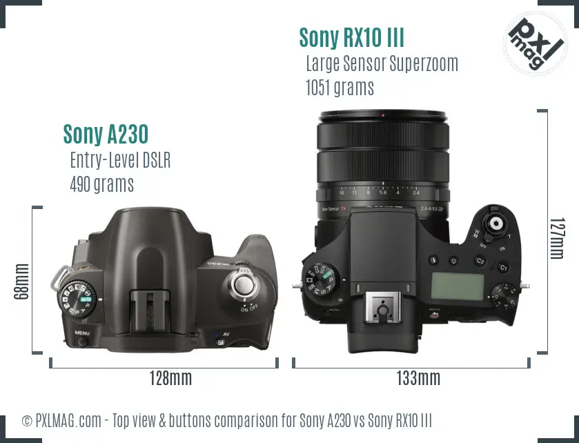 Sony A230 vs Sony RX10 III top view buttons comparison