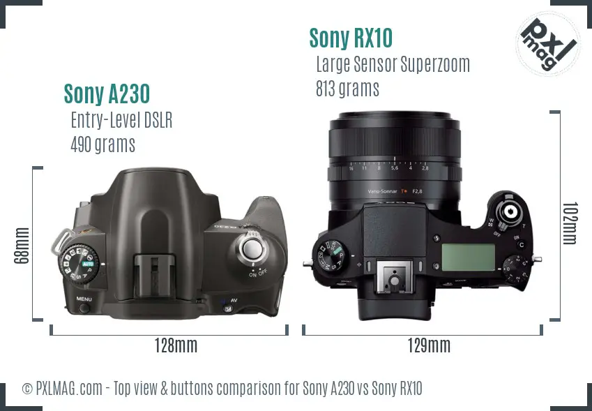 Sony A230 vs Sony RX10 top view buttons comparison