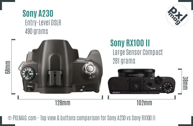 Sony A230 vs Sony RX100 II top view buttons comparison