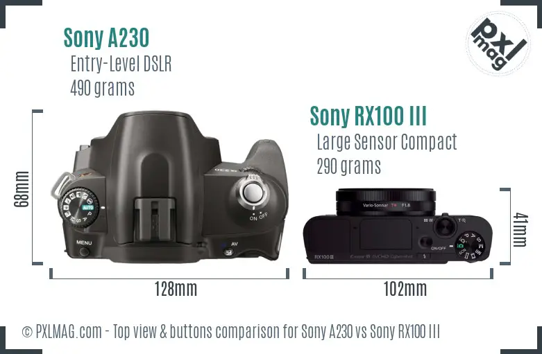 Sony A230 vs Sony RX100 III top view buttons comparison