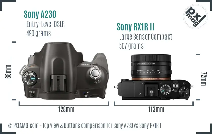 Sony A230 vs Sony RX1R II top view buttons comparison