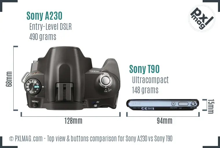 Sony A230 vs Sony T90 top view buttons comparison