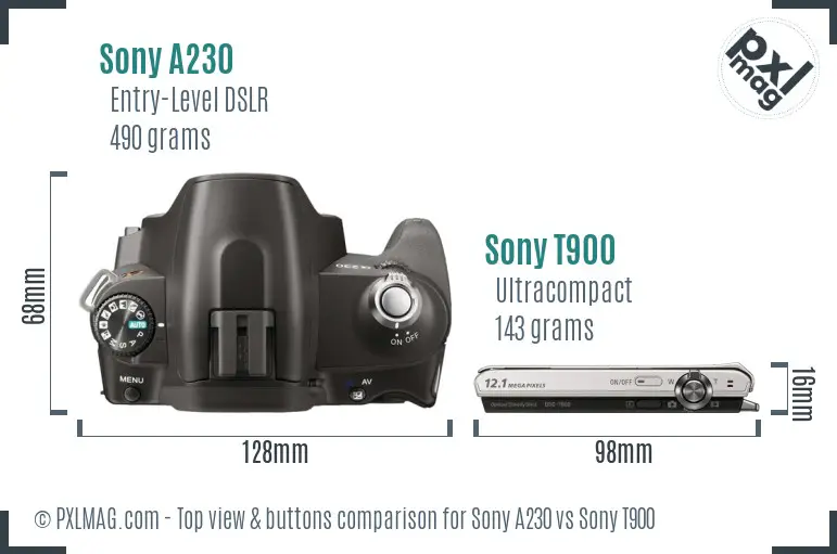 Sony A230 vs Sony T900 top view buttons comparison