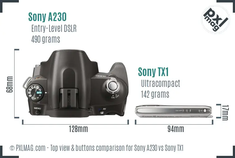 Sony A230 vs Sony TX1 top view buttons comparison