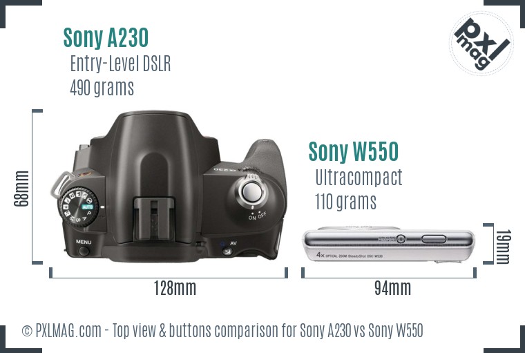 Sony A230 vs Sony W550 top view buttons comparison