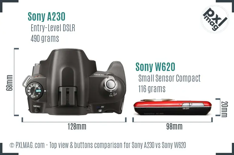 Sony A230 vs Sony W620 top view buttons comparison