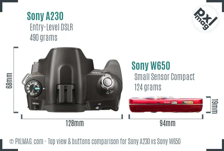 Sony A230 vs Sony W650 top view buttons comparison