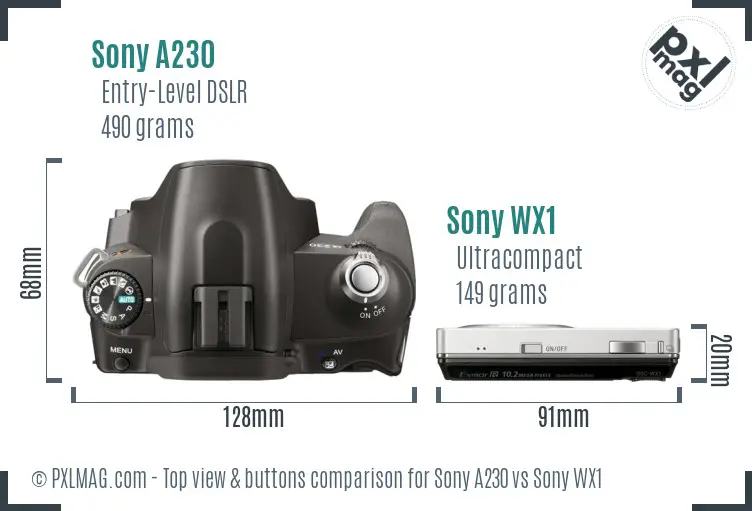 Sony A230 vs Sony WX1 top view buttons comparison