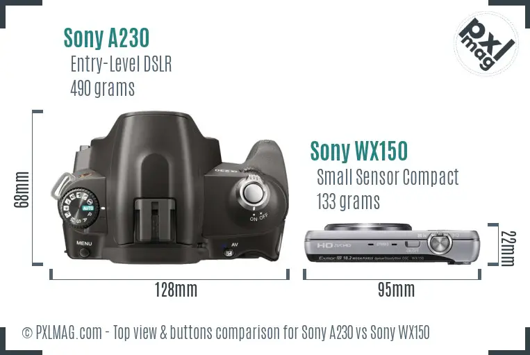 Sony A230 vs Sony WX150 top view buttons comparison