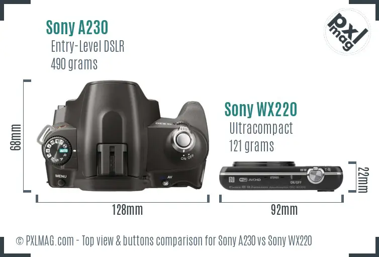 Sony A230 vs Sony WX220 top view buttons comparison