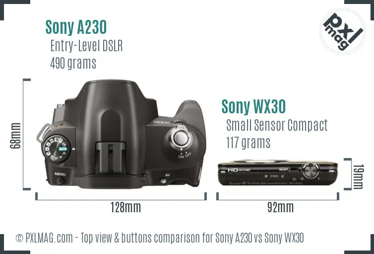 Sony A230 vs Sony WX30 top view buttons comparison