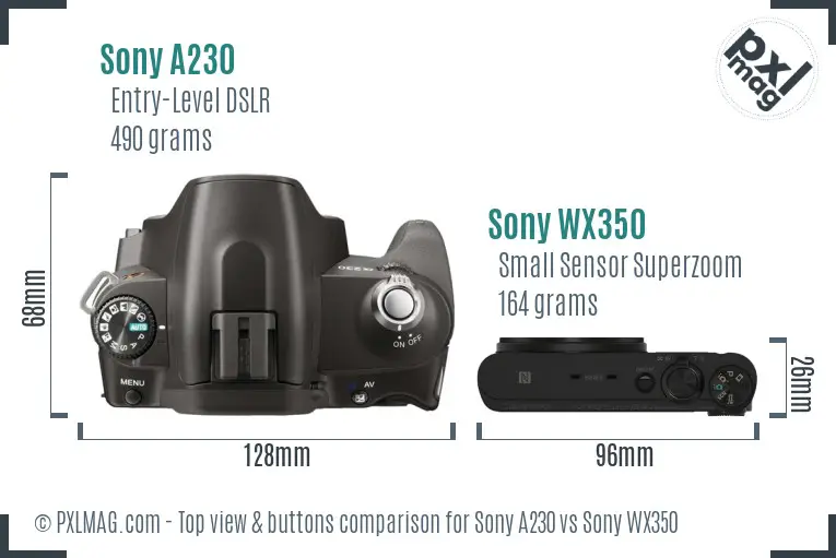 Sony A230 vs Sony WX350 top view buttons comparison