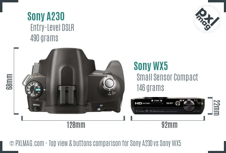 Sony A230 vs Sony WX5 top view buttons comparison