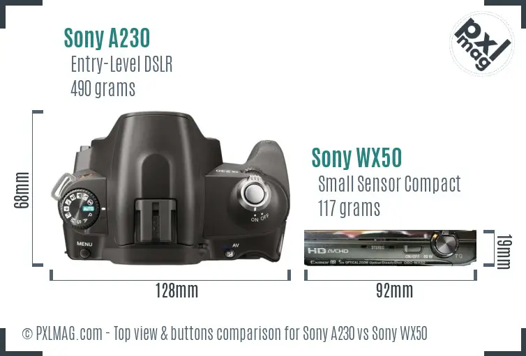 Sony A230 vs Sony WX50 top view buttons comparison