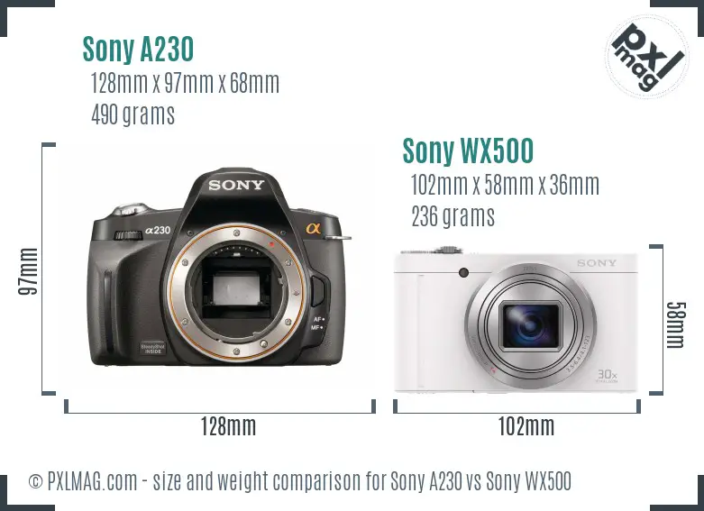 Sony A230 vs Sony WX500 size comparison