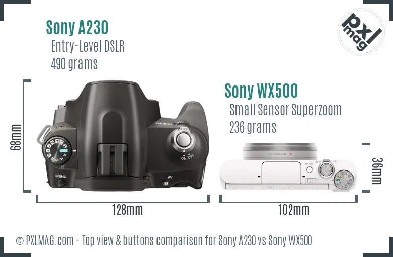 Sony A230 vs Sony WX500 top view buttons comparison