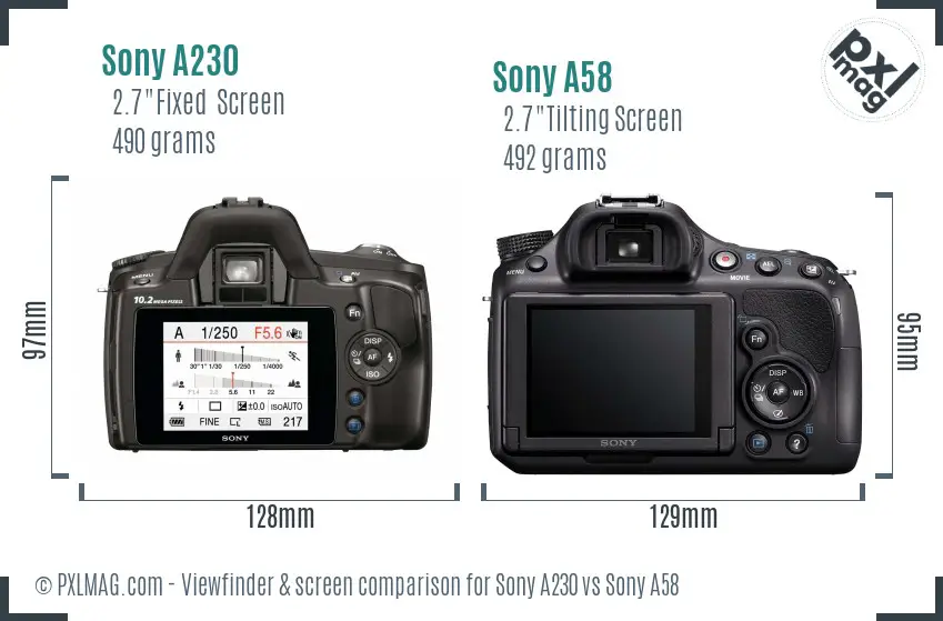 Sony A230 vs Sony A58 Screen and Viewfinder comparison