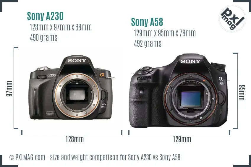 Sony A230 vs Sony A58 size comparison