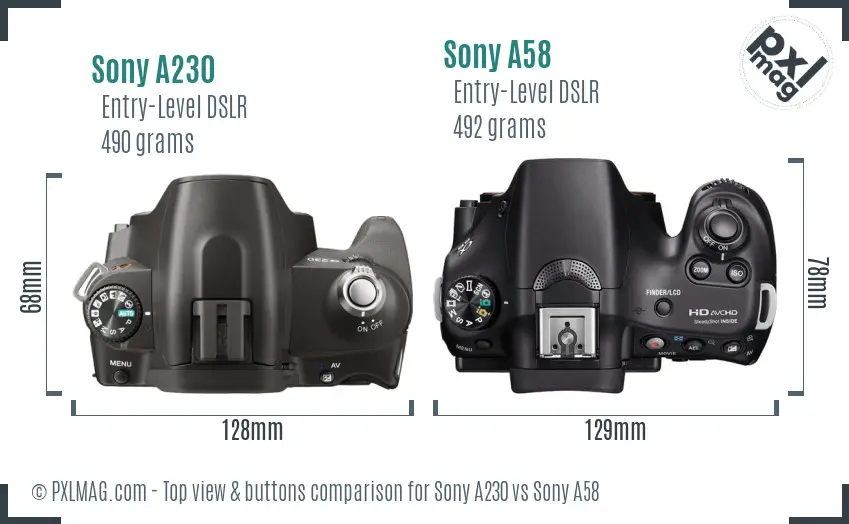 Sony A230 vs Sony A58 top view buttons comparison