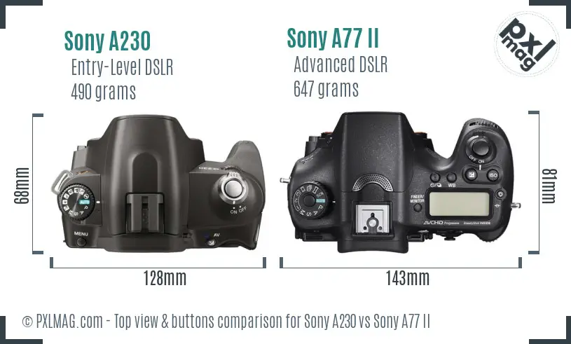 Sony A230 vs Sony A77 II top view buttons comparison