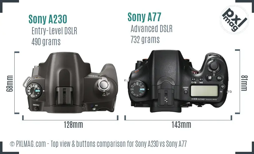 Sony A230 vs Sony A77 top view buttons comparison