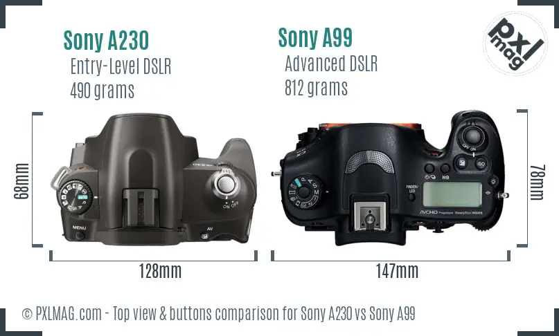 Sony A230 vs Sony A99 top view buttons comparison