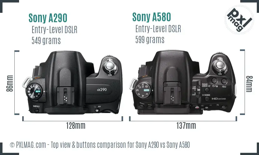 Sony A290 vs Sony A580 top view buttons comparison