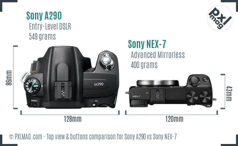 Sony A290 vs Sony NEX-7 top view buttons comparison