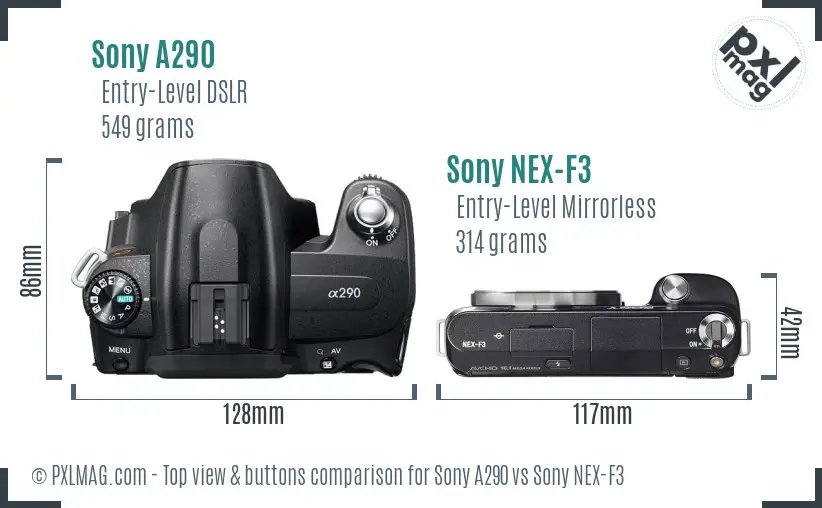 Sony A290 vs Sony NEX-F3 top view buttons comparison