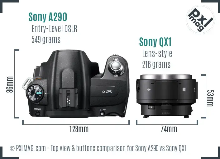 Sony A290 vs Sony QX1 top view buttons comparison