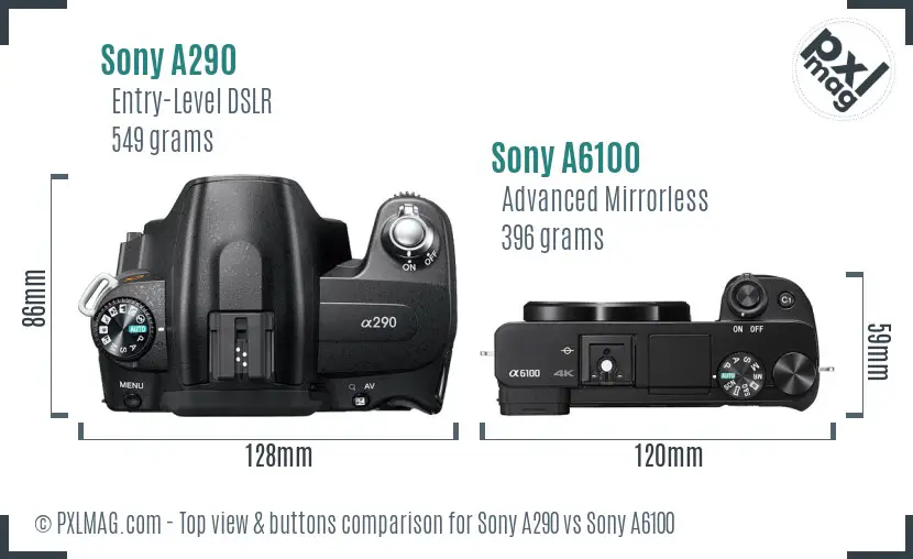 Sony A290 vs Sony A6100 top view buttons comparison