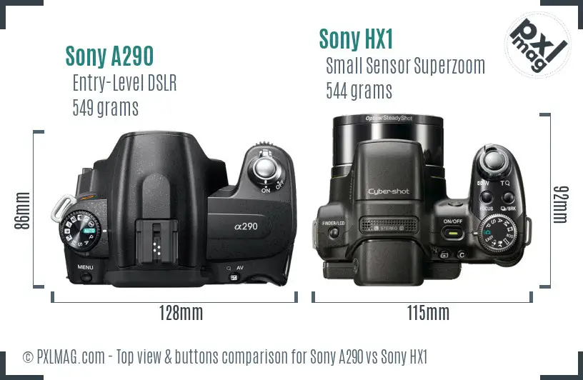 Sony A290 vs Sony HX1 top view buttons comparison