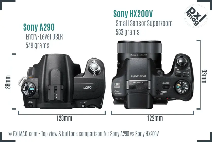 Sony A290 vs Sony HX200V top view buttons comparison