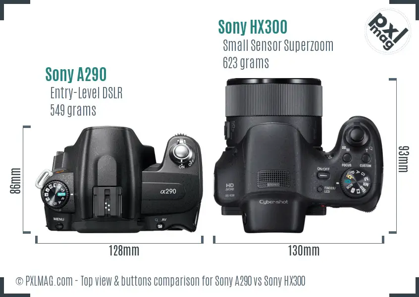 Sony A290 vs Sony HX300 top view buttons comparison